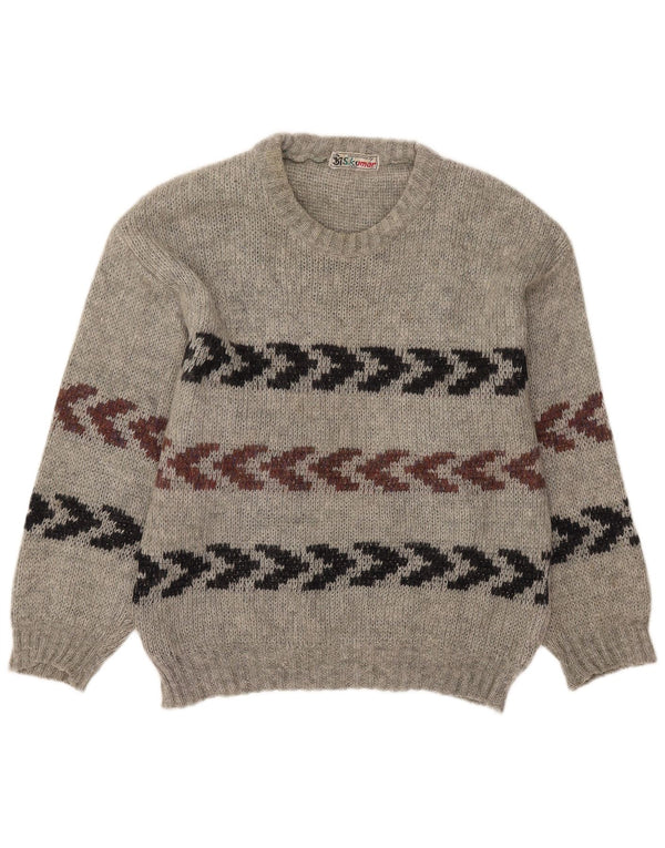 Suéter vintage masculino com gola redonda tamanho 40 listrado cinza médio