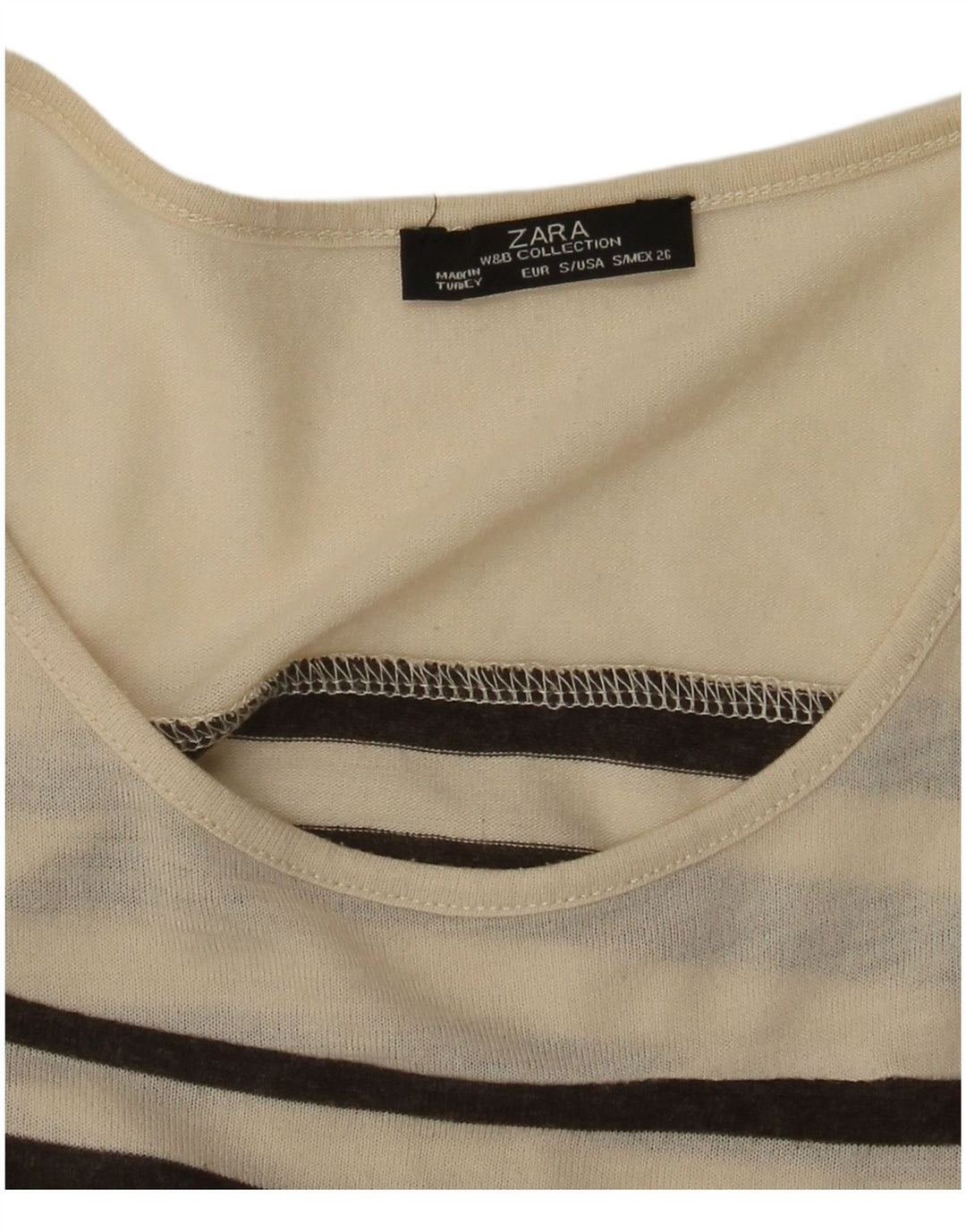 Top feminino Zara de manga comprida UK 8 pequeno listrado bege