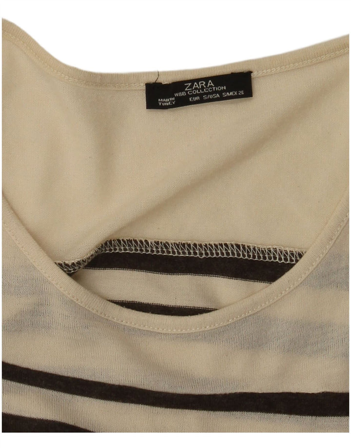 Top feminino Zara de manga comprida UK 8 pequeno listrado bege