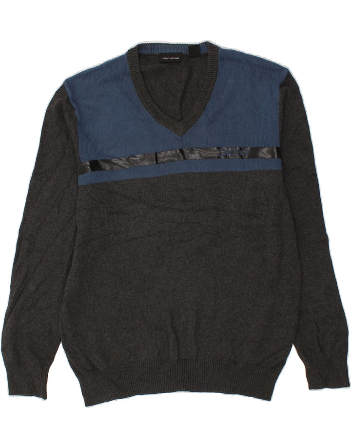 DKNY Mens V-Neck Jumper Sweater XL Grey Colourblock Cotton Vintage Dkny and Second-Hand Dkny from Messina Hembry 