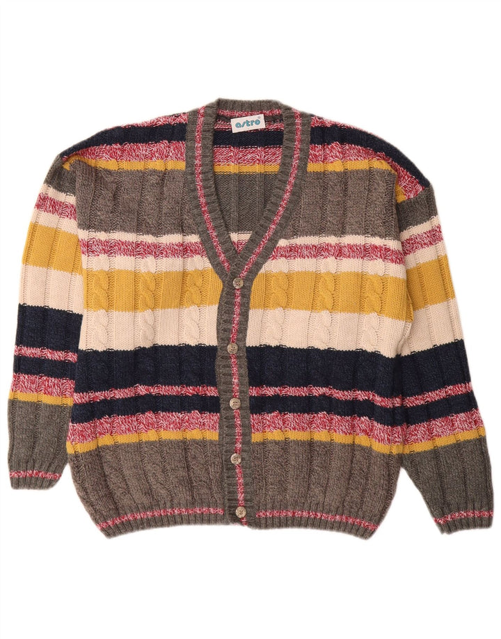 Suéter cardigã feminino vintage UK 12 médio listrado multicolorido