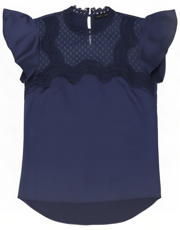Blusa feminina sem mangas vintage UK 8 pequeno poliéster manchado azul marinho