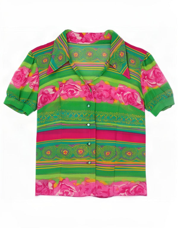 Blusa feminina vintage de manga curta UK 10 pequena floral verde