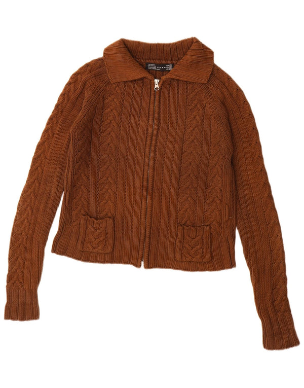 Suéter cardigã feminino Zara com zíper completo Reino Unido 10 pequeno algodão marrom