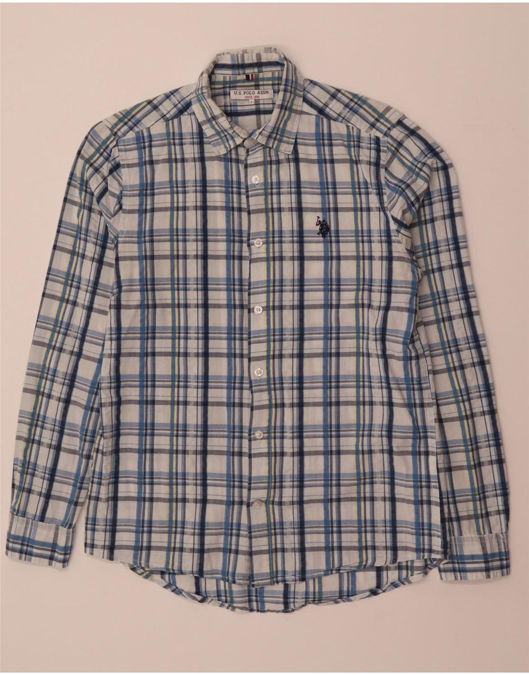 ASSN POLO DOS EUA. Camisa masculina pequena xadrez azul algodão