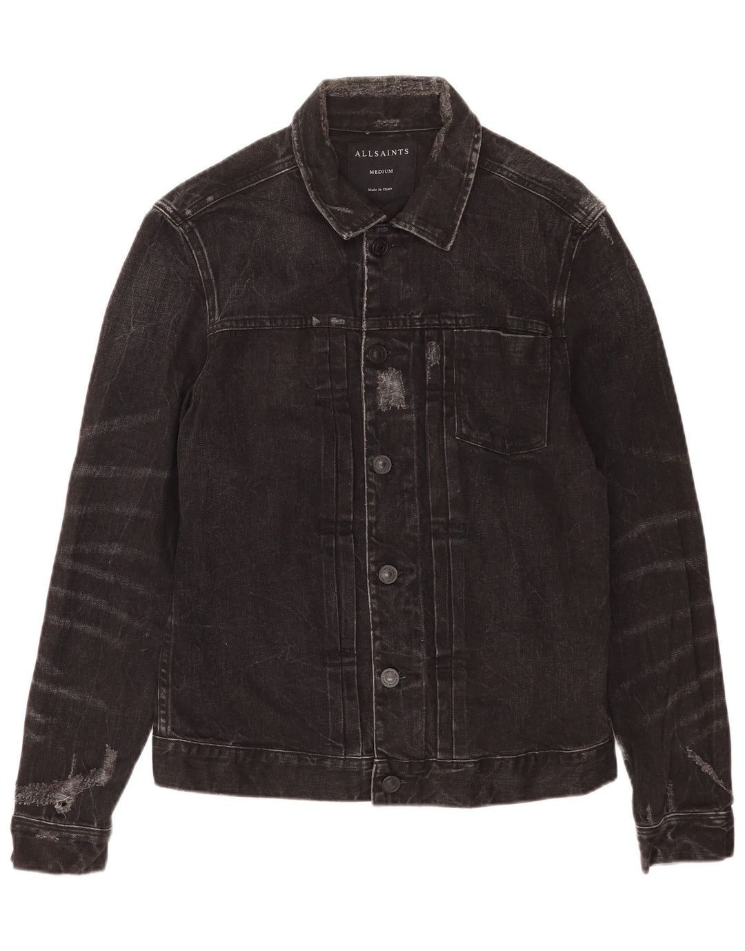 Jaqueta jeans masculina All Saints desgastada Reino Unido 38 algodão preto médio