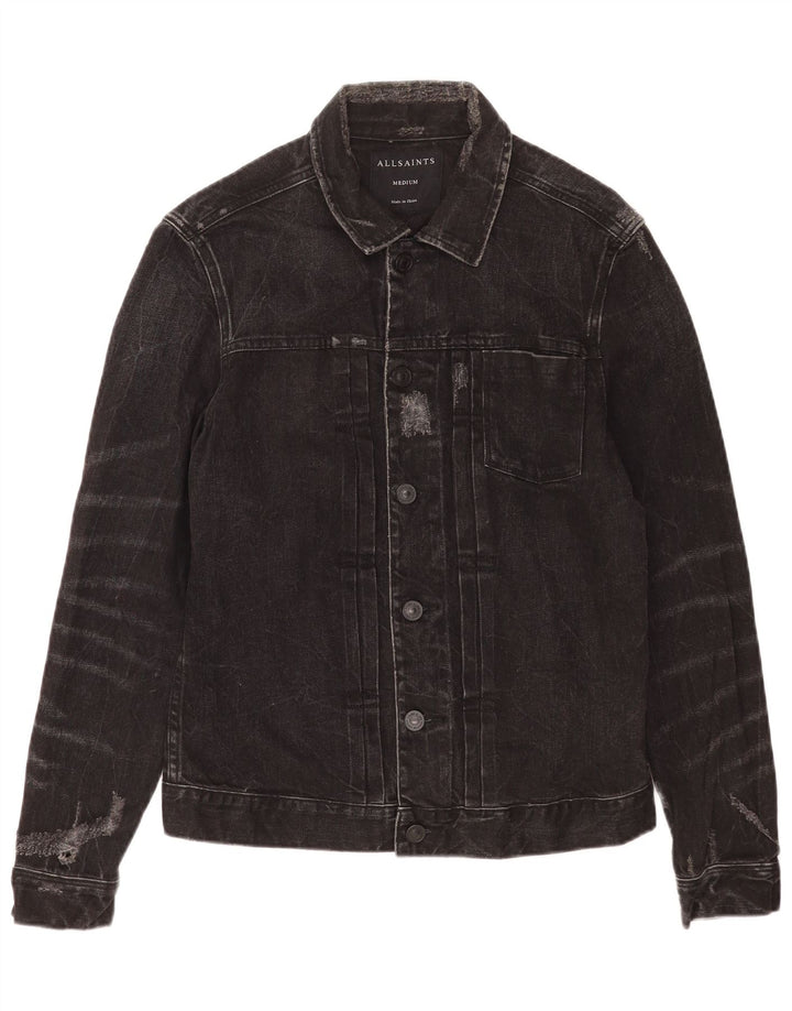 Jaqueta jeans masculina All Saints desgastada Reino Unido 38 algodão preto médio