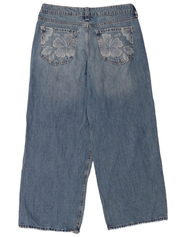 Calça jeans feminina Hollister larga cintura baixa com perna larga W36 L31 azul floral algodão