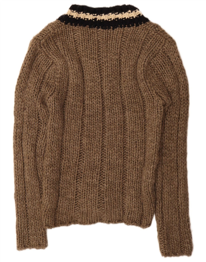 Suéter masculino Zara com decote em V grande acrílico listrado marrom