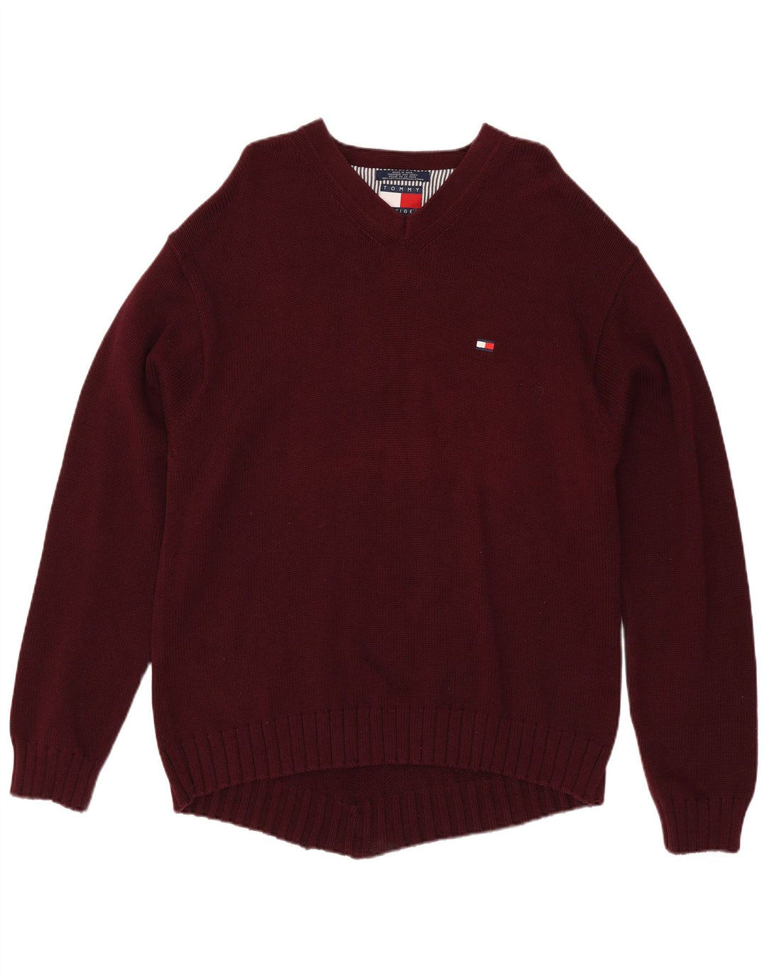 Suéter masculino TOMMY HILFIGER com decote em V XL algodão borgonha
