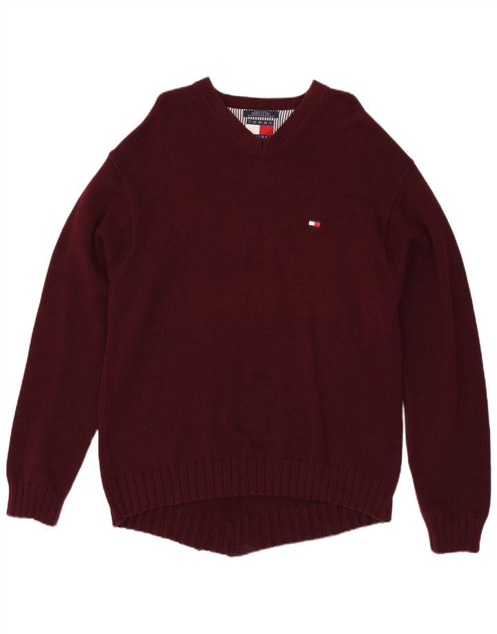Suéter masculino TOMMY HILFIGER com decote em V XL algodão borgonha