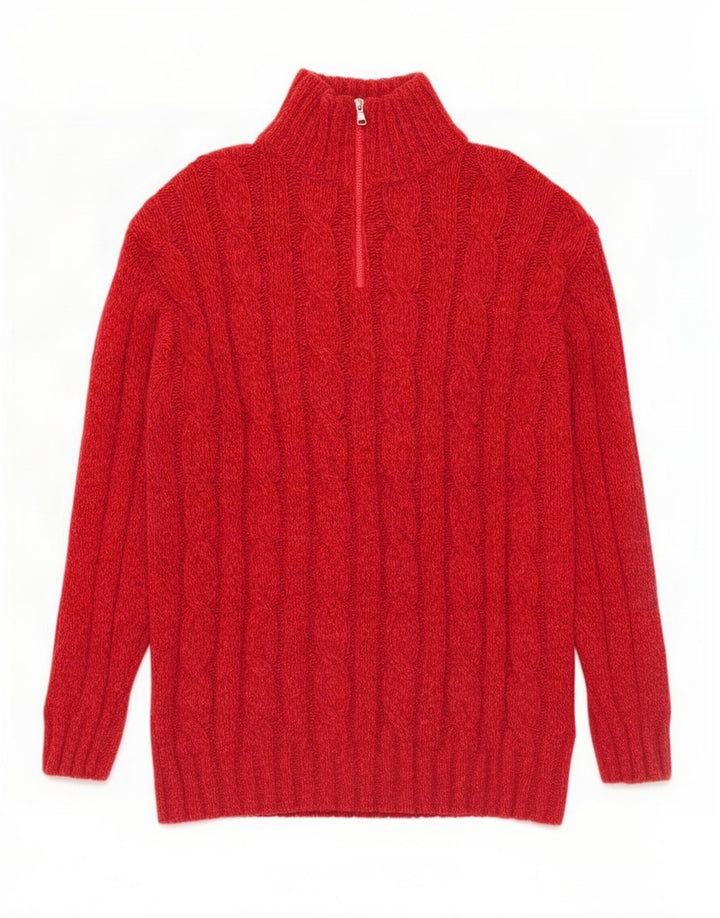 Suéter vintage masculino com zíper e gola alta de lã vermelha grande