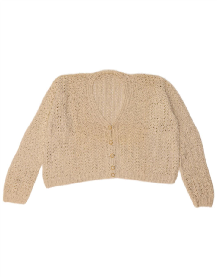 Suéter cardigã vintage feminino UK 14 médio branco