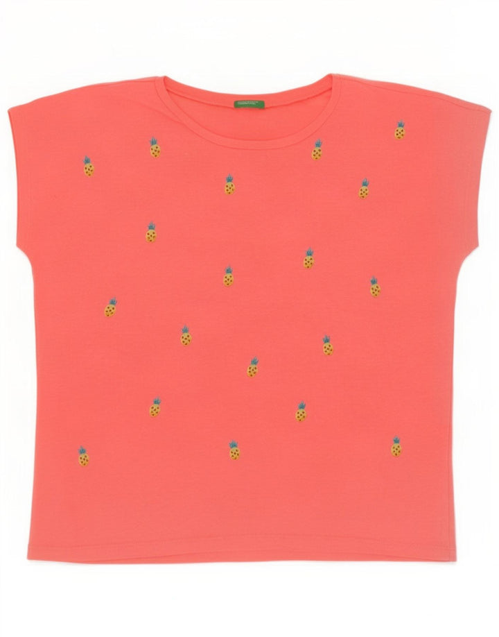 Camiseta feminina gráfica Benetton UK 14 rosa médio