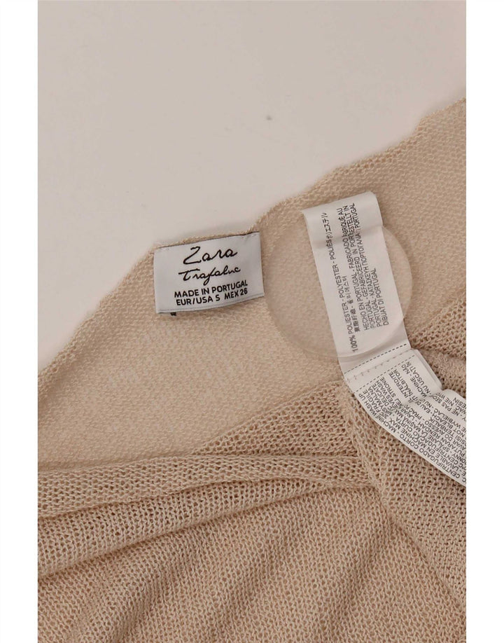 Zara Top feminino cropped manga 3/4 UK 10 pequeno poliéster bege