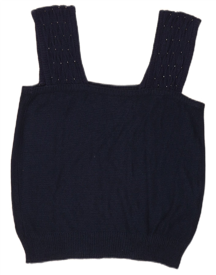 Top feminino vintage de malha cropped Reino Unido 8 pequeno azul marinho