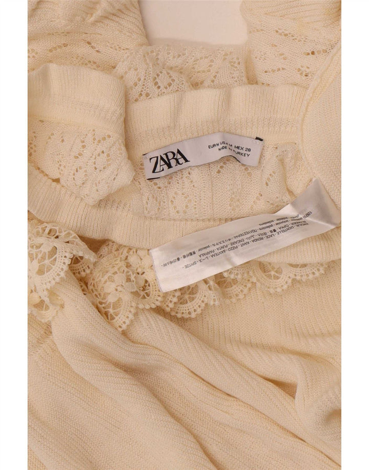 Zara blusa feminina manga 3/4 top UK 12 médio off white floral poliéster