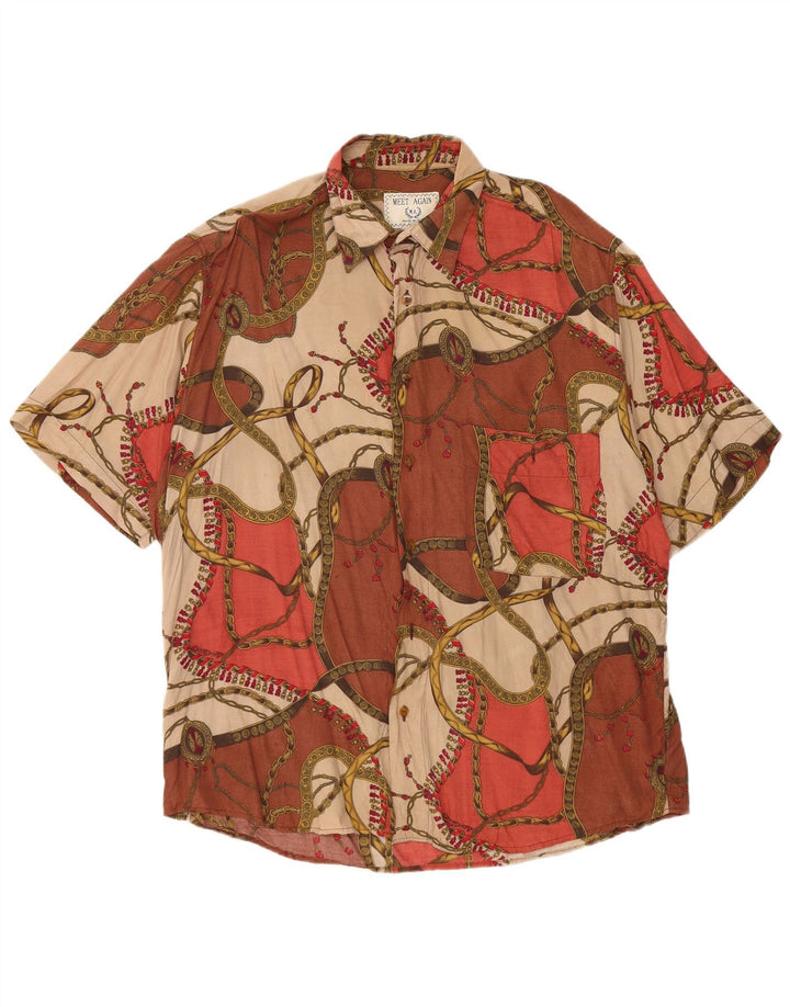 Vintage masculino abstrato Padrão camisa de manga curta grande viscose marrom