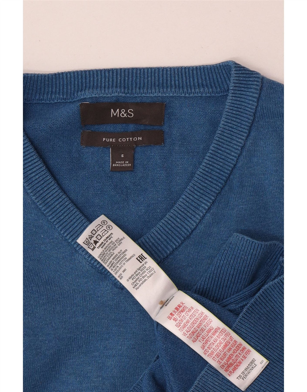 MARKS & SPENCER Suéter masculino com decote em V pequeno algodão azul