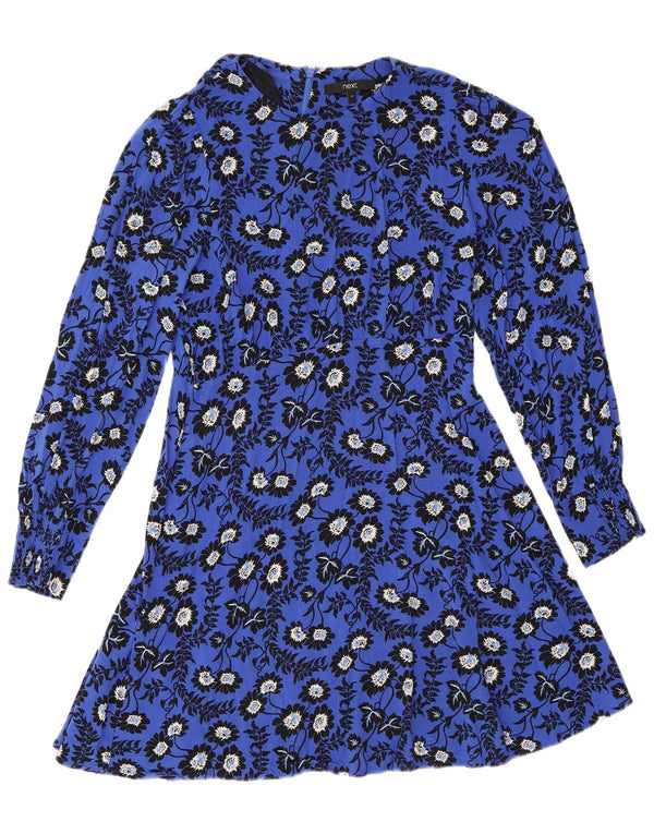 Próximo Vestido feminino manga comprida evasê UK 8 pequeno azul floral viscose