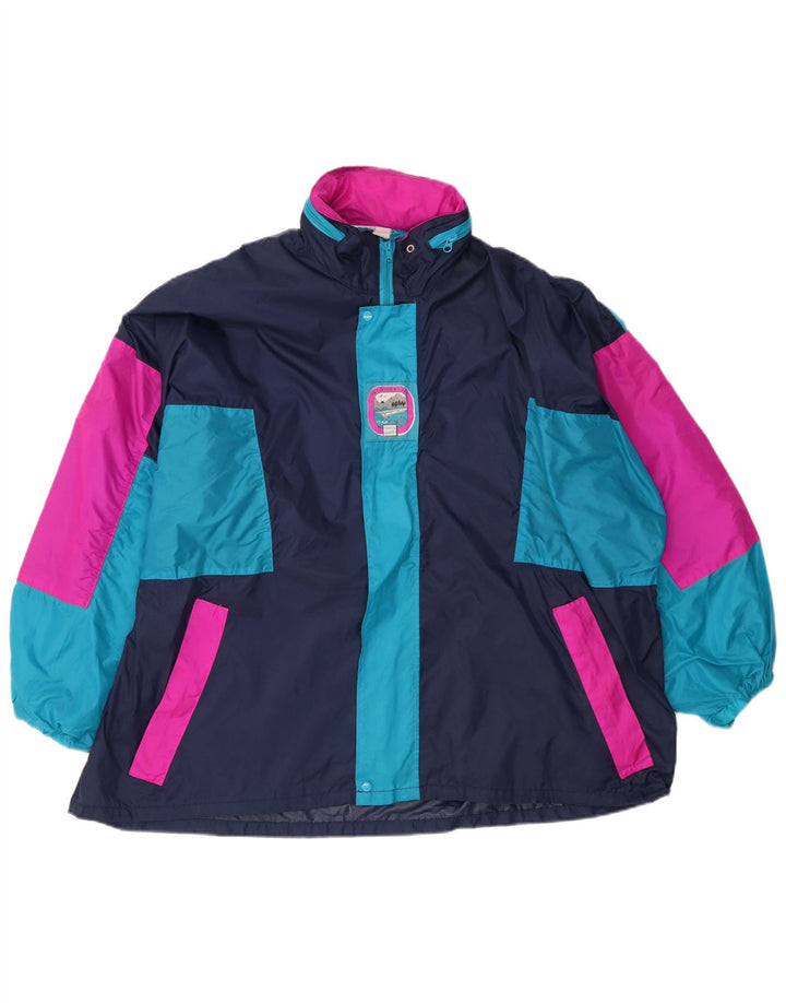 Jaqueta de chuva feminina vintage com capuz Reino Unido 16 grande bloco colorido azul marinho