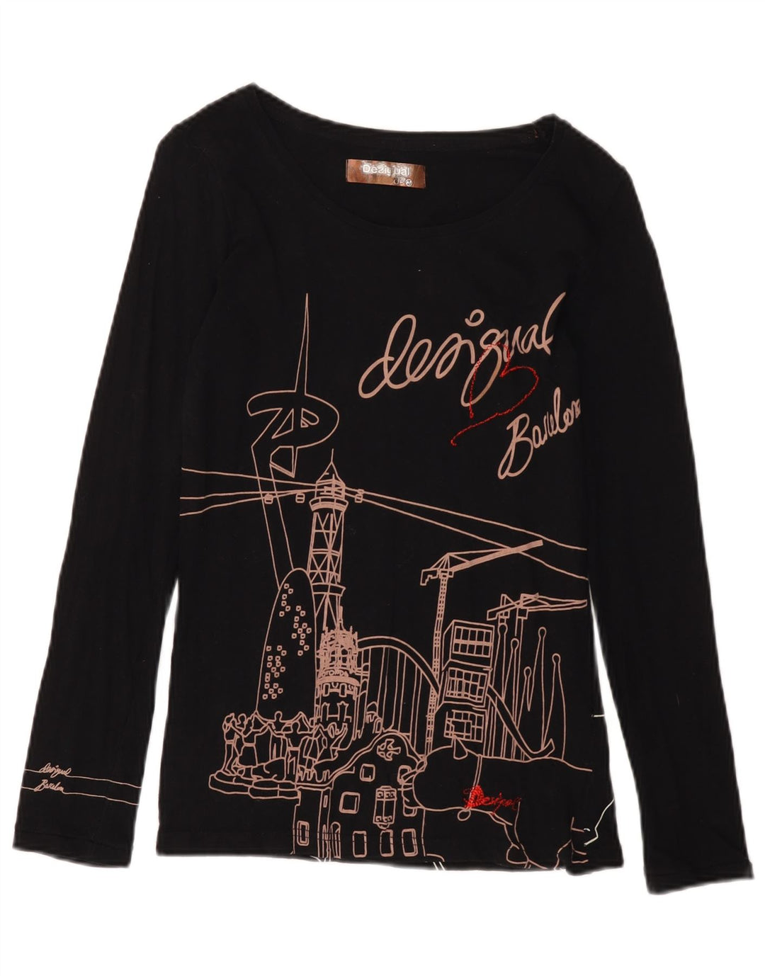Desigual feminino Barcelona gráfico top manga comprida Reino Unido 12 algodão preto médio
