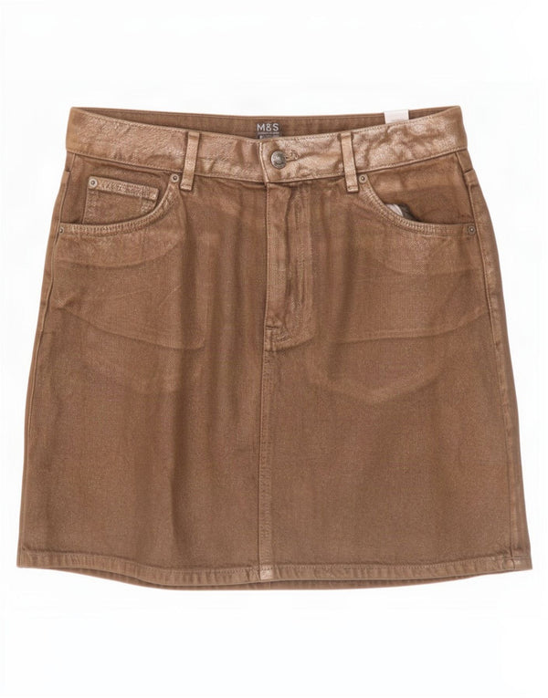 Mini saia jeans feminina Marks & Spencer UK 12 médio W30 algodão dourado