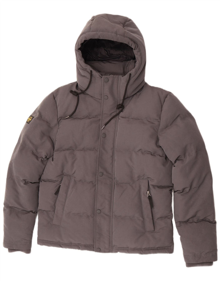 Jaqueta acolchoada com capuz gráfico masculino Superdry UK 36 poliéster cinza pequeno