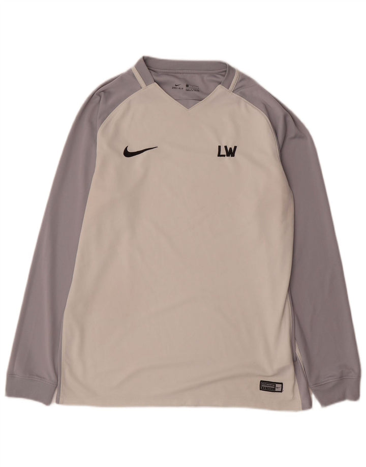 Top gráfico Nike masculino Dri Fit manga comprida grande bloco colorido branco poliéster