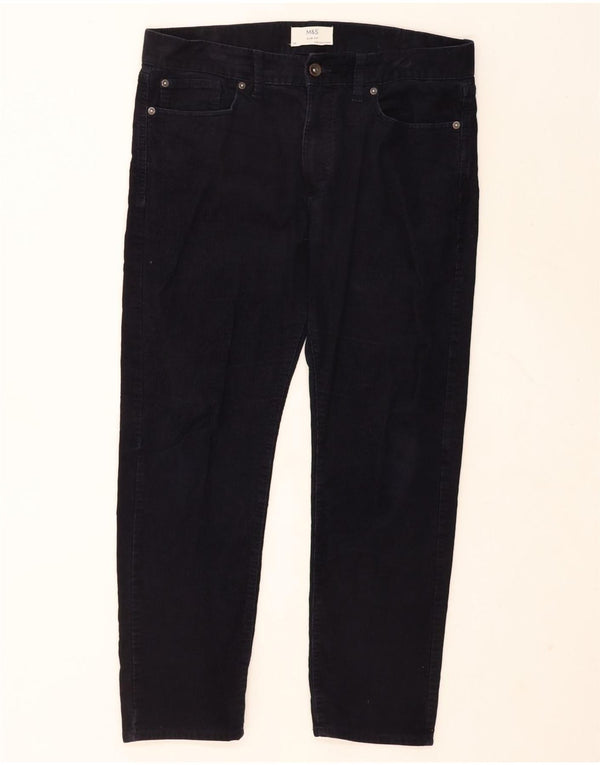 Calça masculina de veludo cotelê Marks & Spencer Slim Fit W34 L25 algodão azul marinho