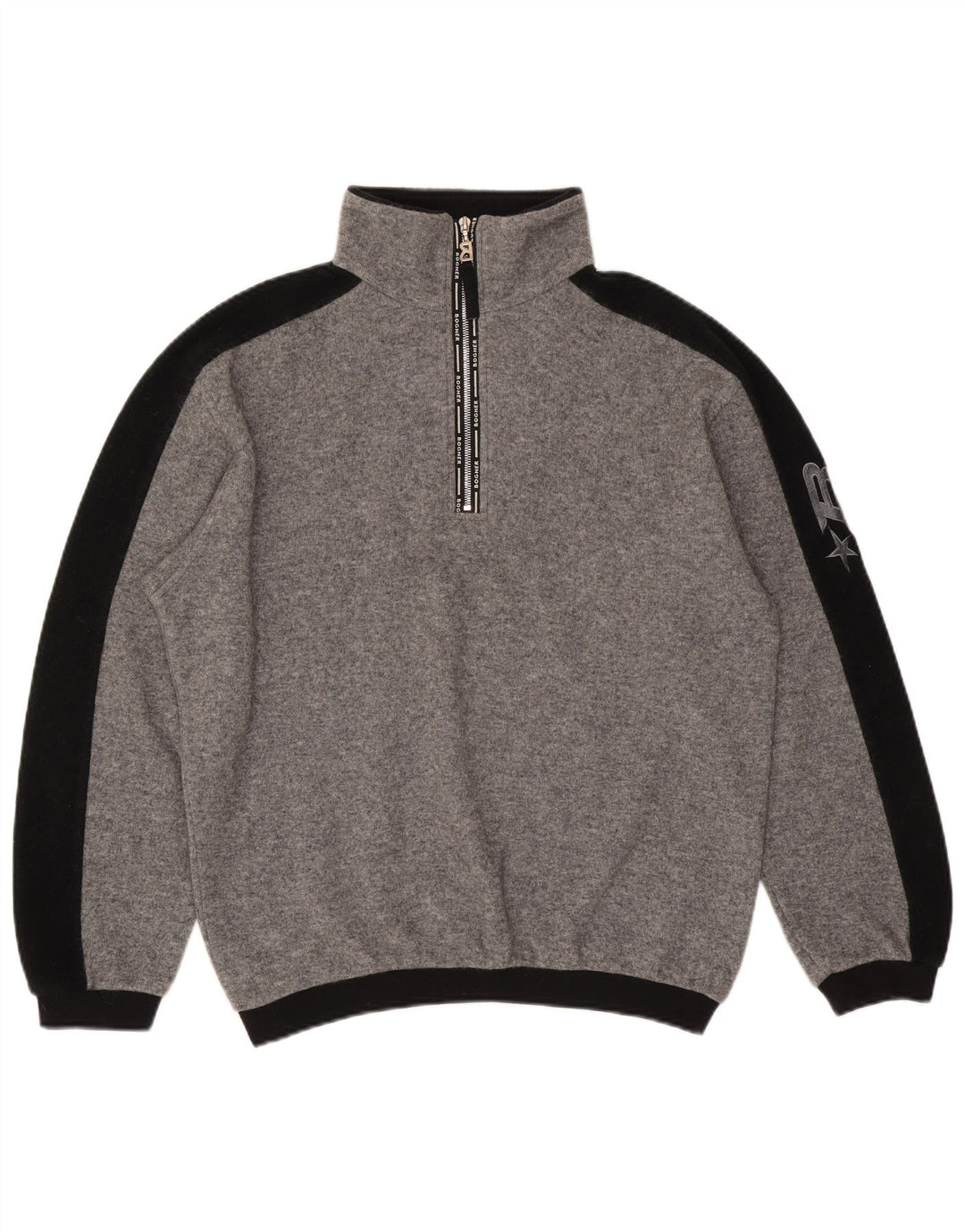 Suéter masculino Bogner com zíper e gola grande, lã colorblock cinza