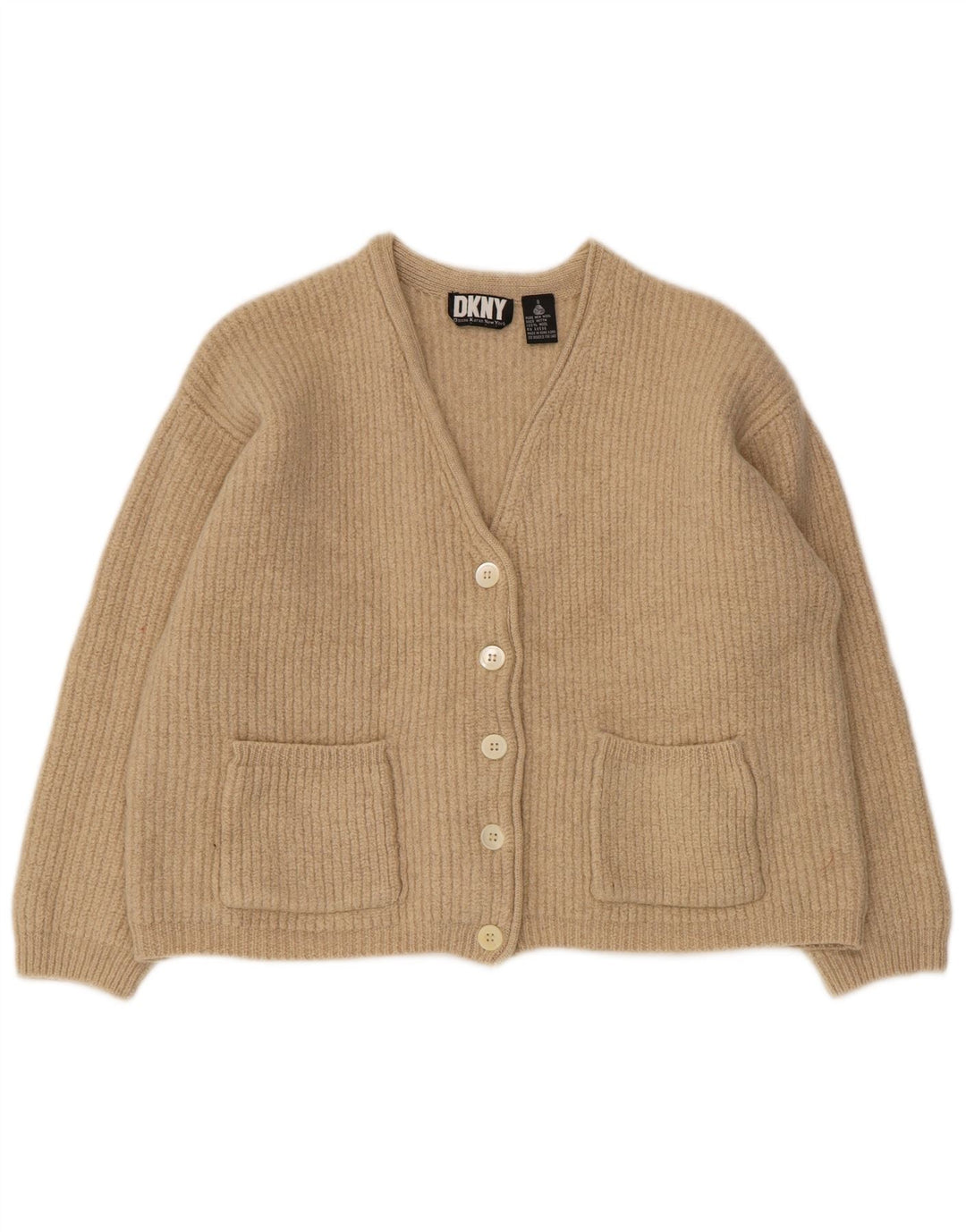 Suéter cardigã feminino grande Dkny Reino Unido 10 lã bege pequena
