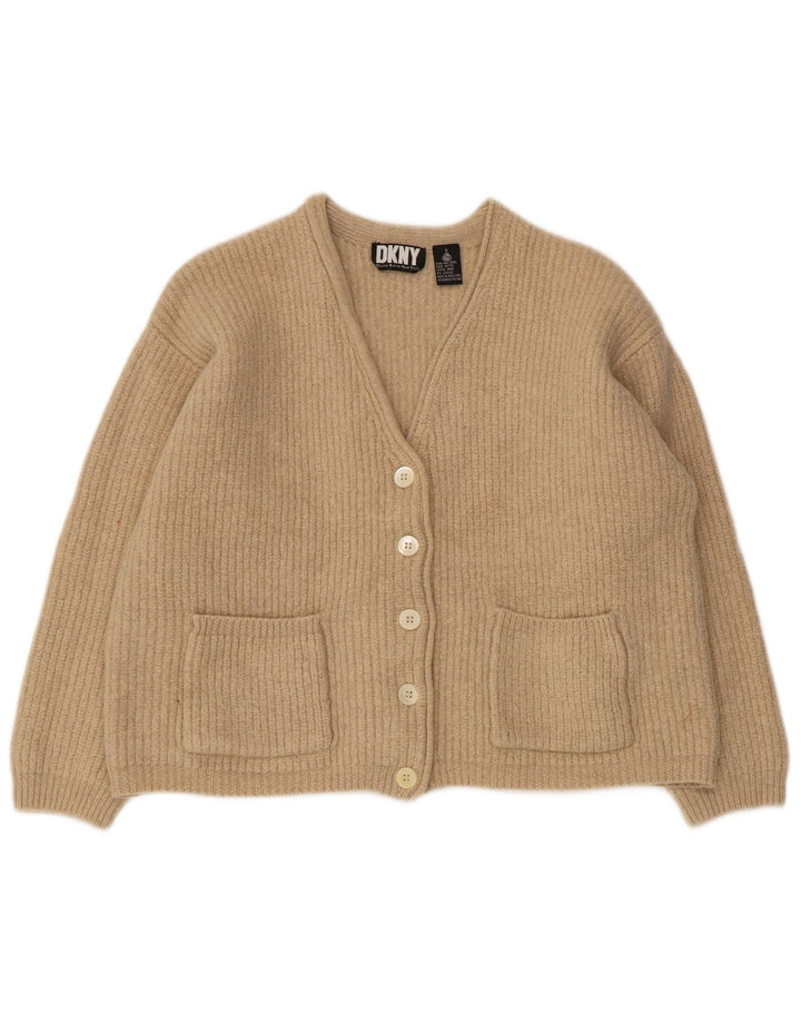 Suéter cardigã feminino grande Dkny Reino Unido 10 lã bege pequena