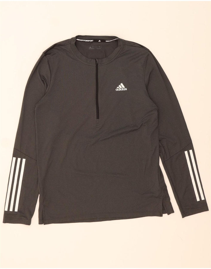 ADIDAS Mens Zip Neck Top Manga Longa Pequeno Algodão Cinza