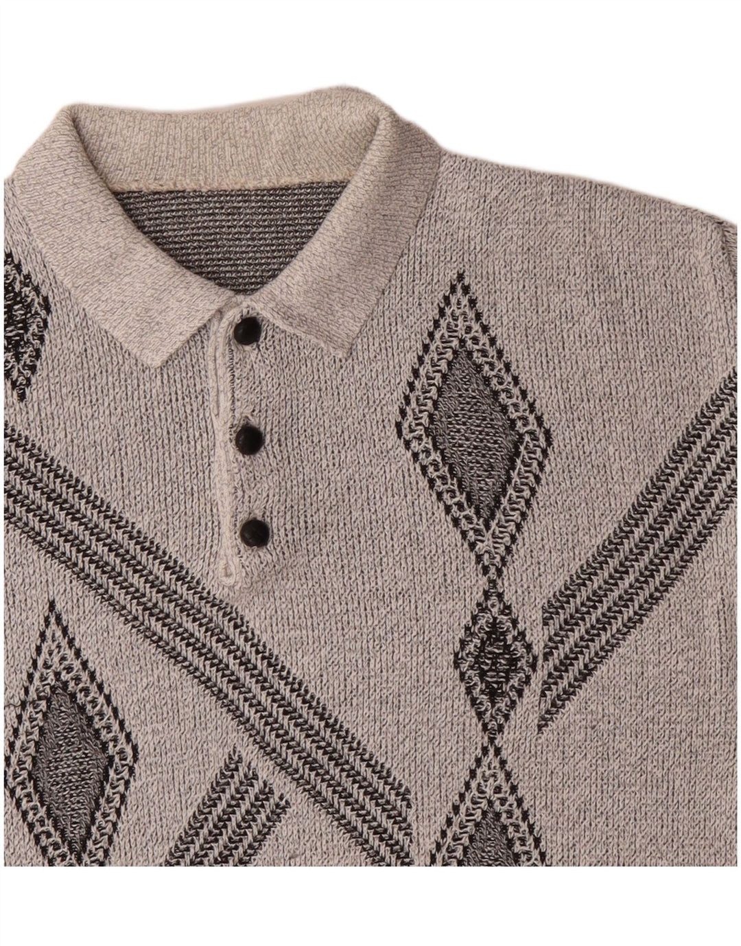 Suéter masculino vintage com gola polo e meio cinza geométrico