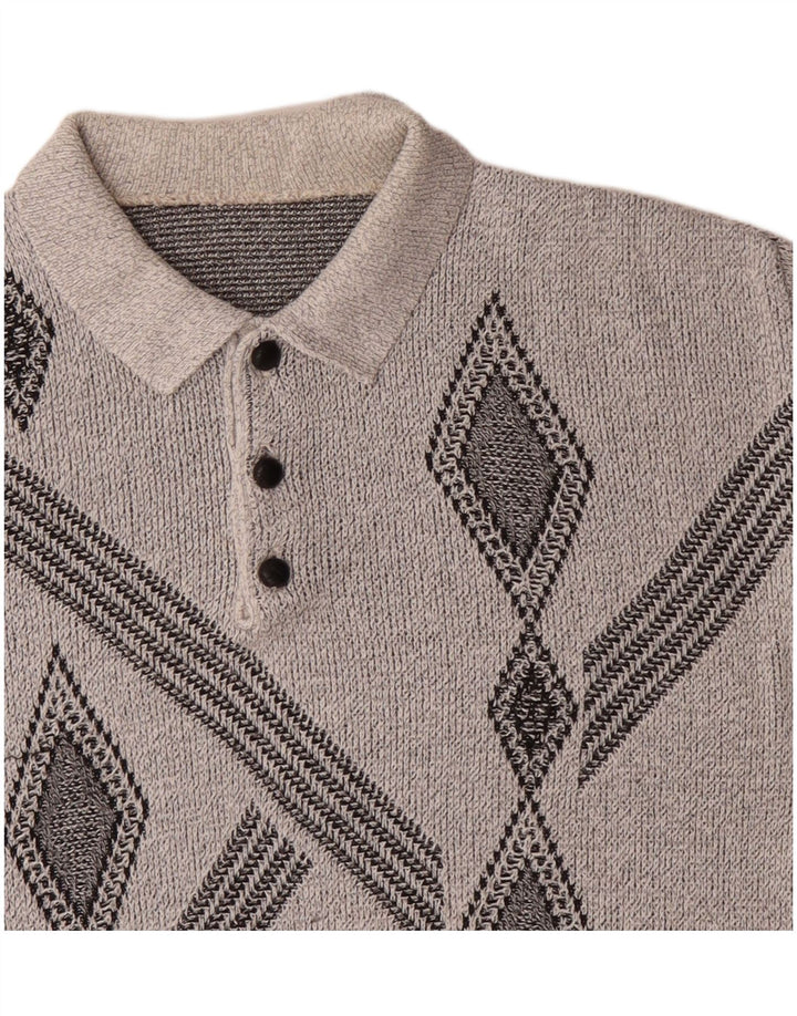 Suéter masculino vintage com gola polo e meio cinza geométrico