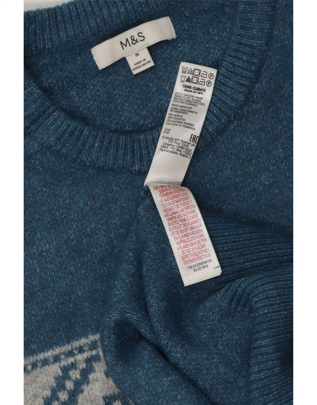 Suéter masculino Marks & Spencer com gola canoa médio azul Fair Isle acrílico