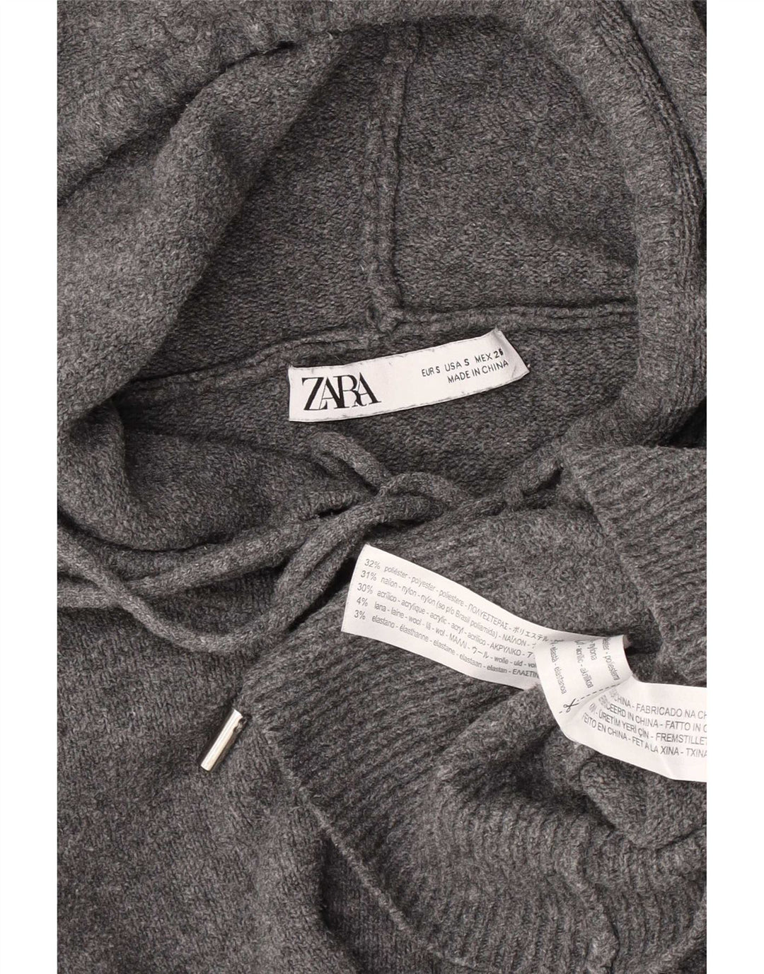 Zara Suéter feminino com capuz grande e grande, Reino Unido 10, pequeno, cinza, poliéster