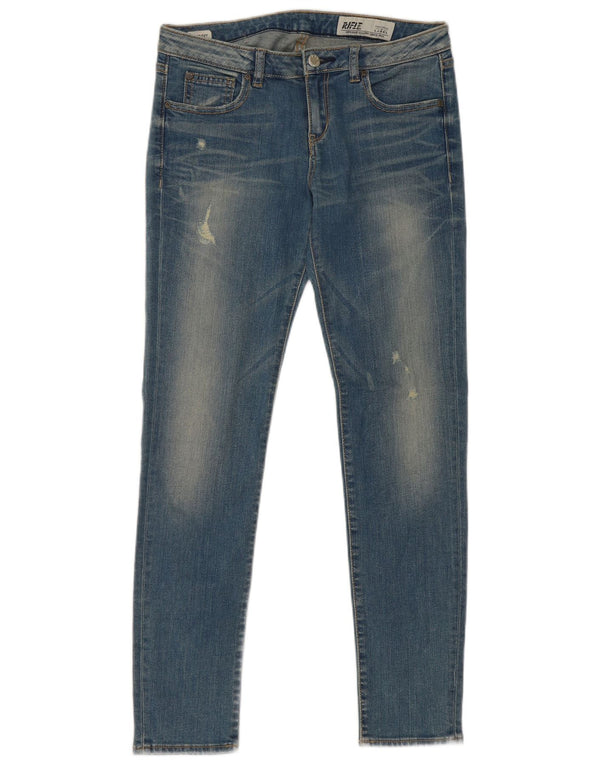 Rifle feminino jeans skinny desgastado W29 L28 algodão azul