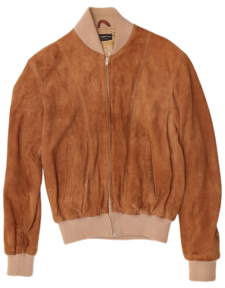 Jaqueta bomber masculina de camurça Liverpool Reino Unido 38 couro colorblock marrom médio