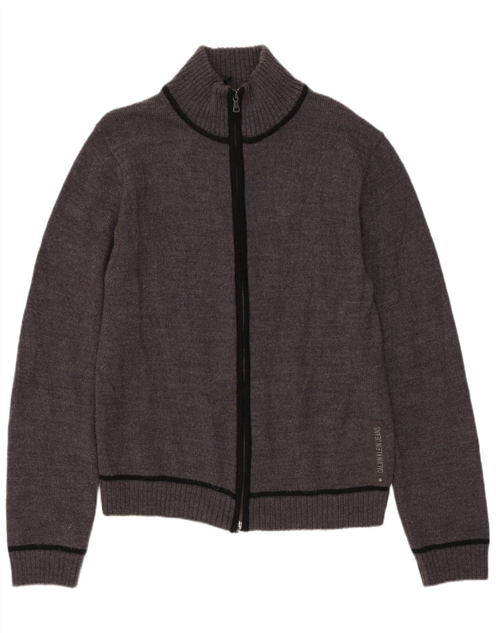 Suéter cardigã feminino CALVIN KLEIN JEANS Reino Unido 10 pequeno lã virgem cinza