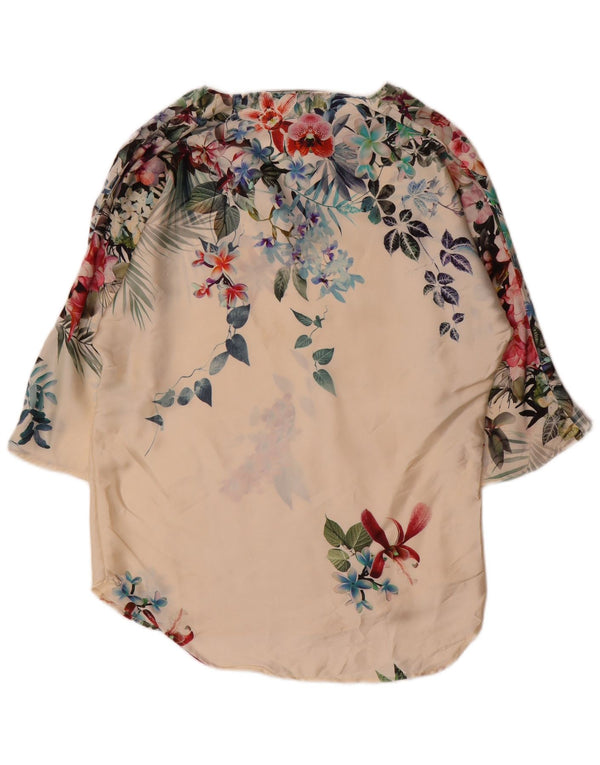 Zara Túnica feminina oversized manga 3/4 UK 10 pequena off white floral