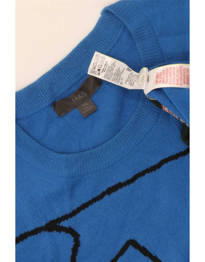 Suéter masculino Marks & Spencer com gola redonda e gola redonda, bloco colorido azul 2XL