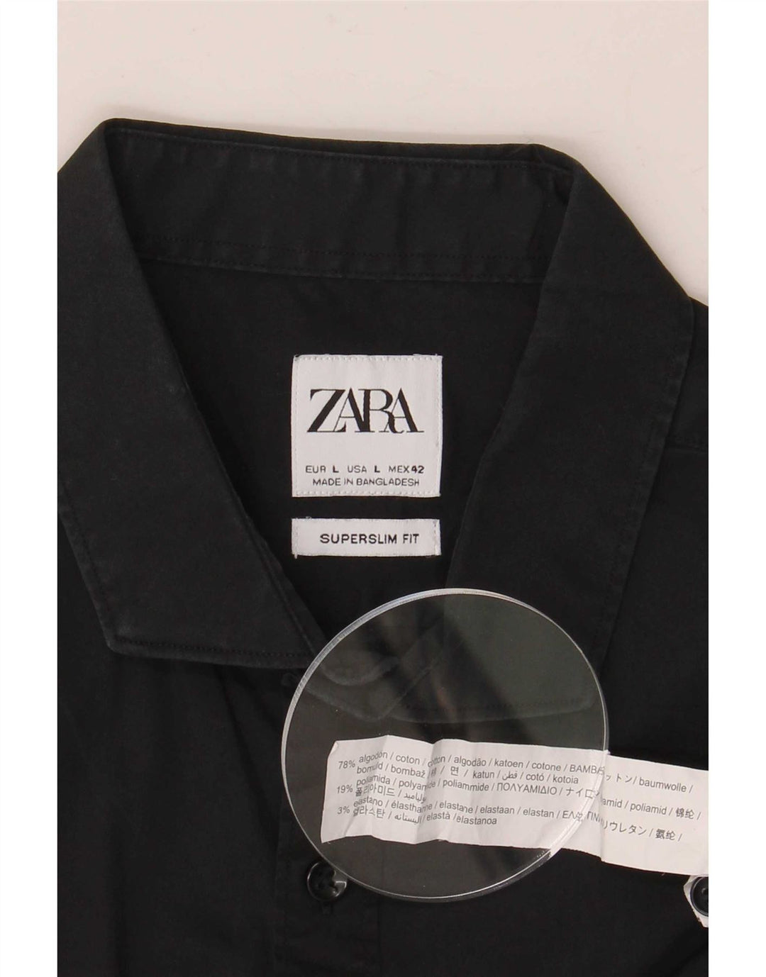 Camisa masculina Zara Super Slim Fit grande algodão preto