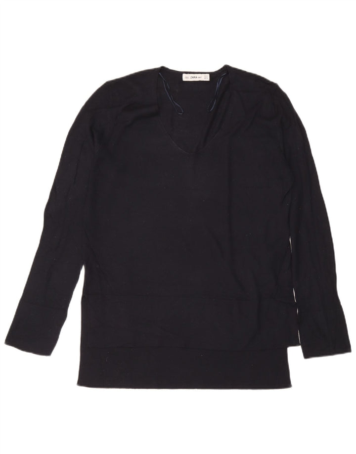 Top feminino Zara de manga comprida UK 14 viscose azul marinho médio