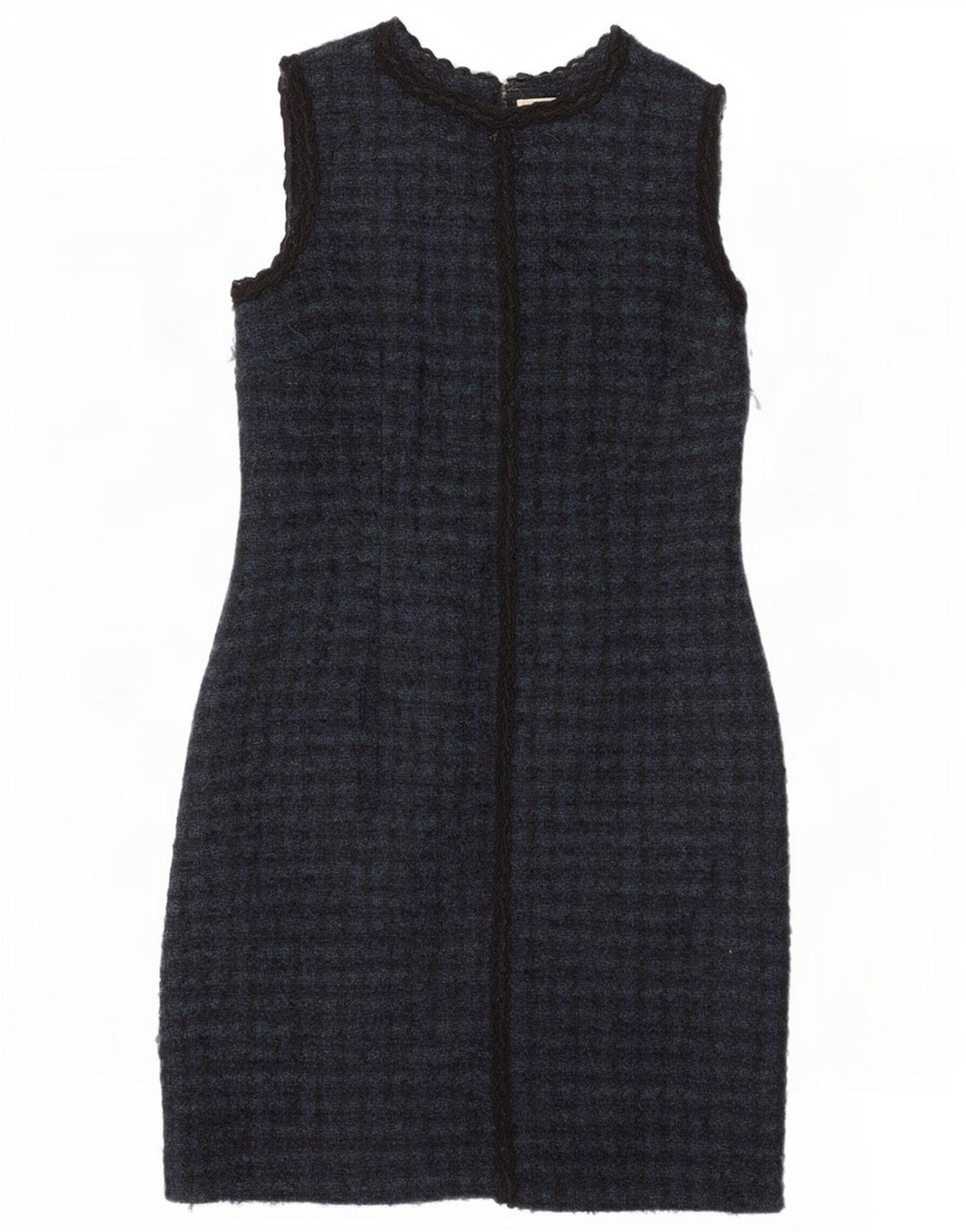 Vestido feminino Brora sem mangas com bainha UK 14 grande azul marinho houndstooth lã