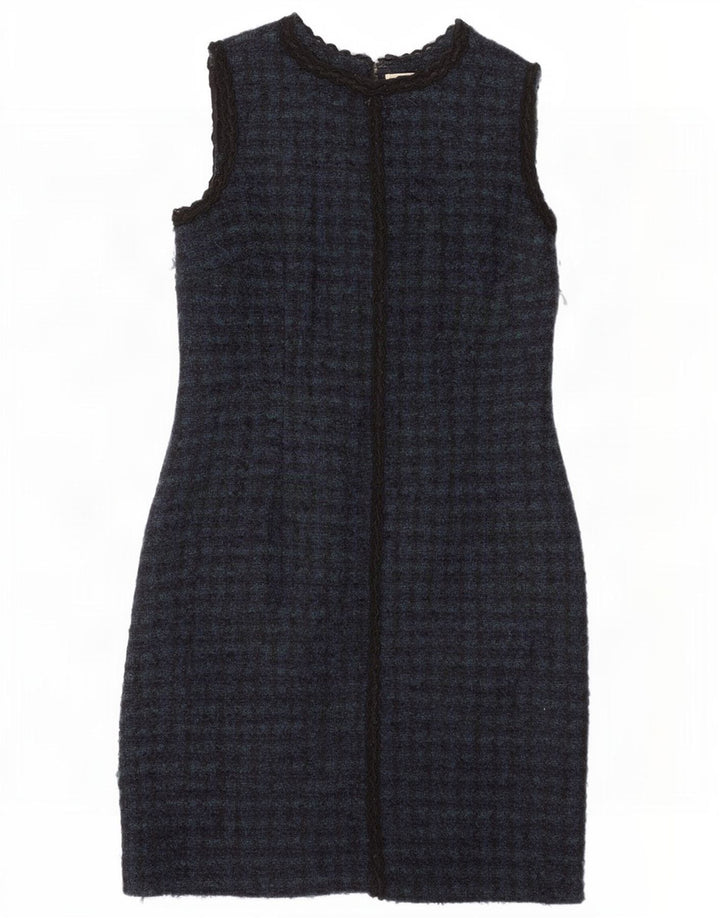 Vestido feminino Brora sem mangas com bainha UK 14 grande azul marinho houndstooth lã