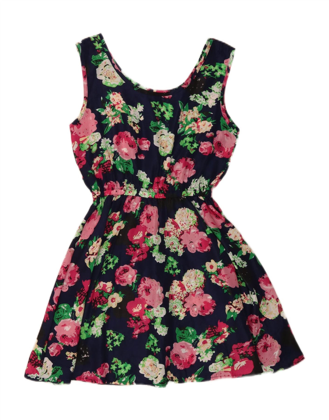 Vestido de verão feminino vintage Reino Unido 12 poliéster floral azul marinho médio