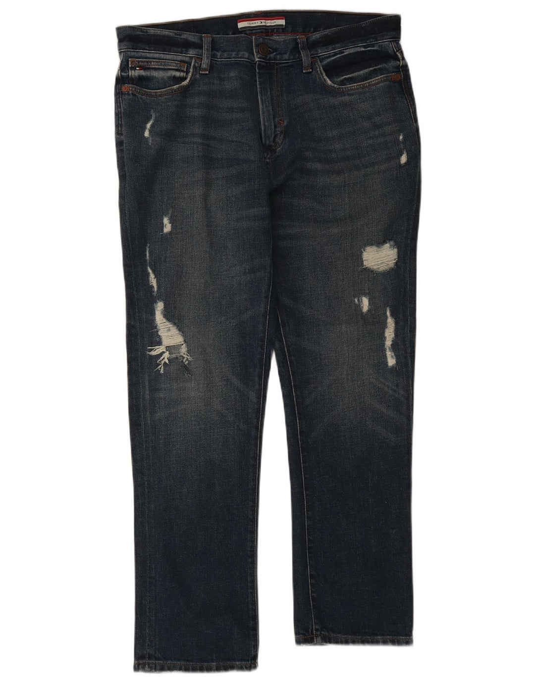 Tommy Hilfiger Calça jeans reta masculina desgastada W34 L30 algodão azul