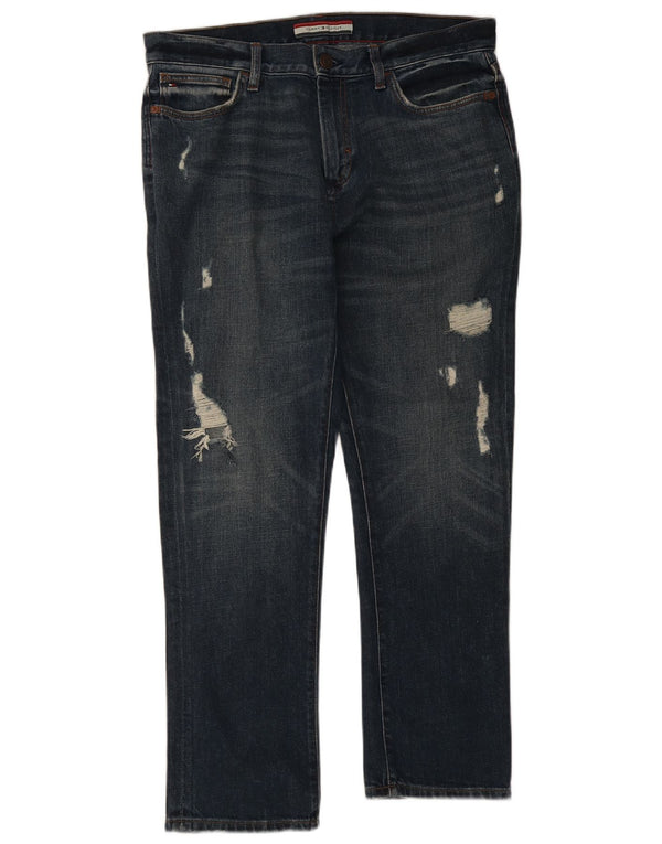 Tommy Hilfiger Calça jeans reta masculina desgastada W34 L30 algodão azul